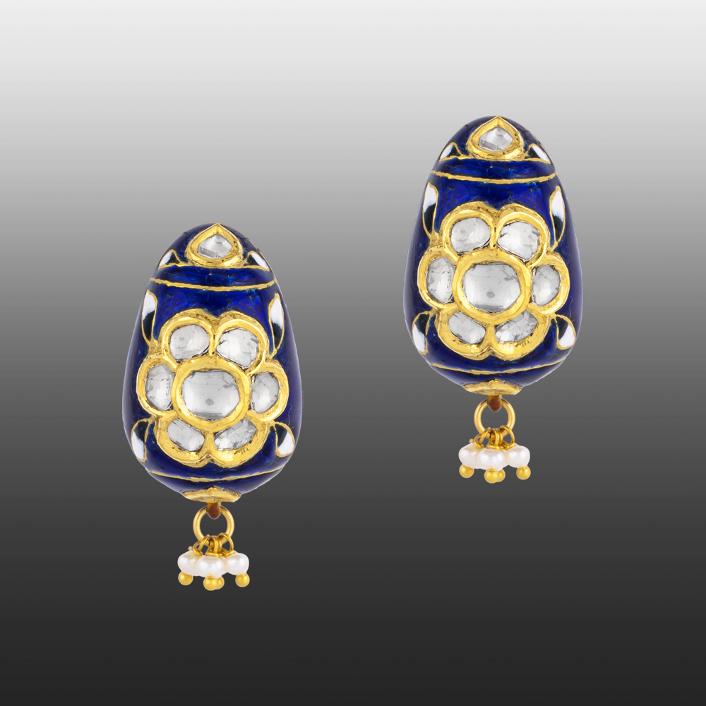 Blue Enamel Hasli Necklace Set with Polki Floral Motifs & Pearls